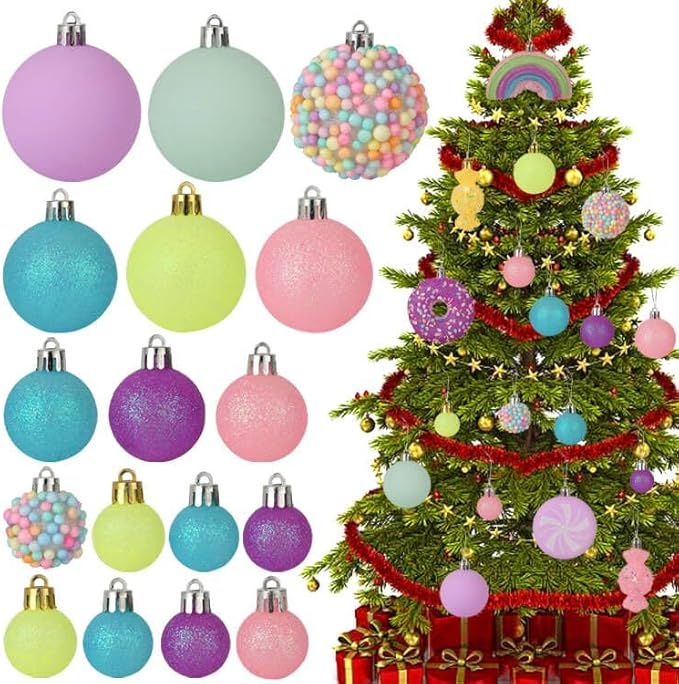 Christmas Tree Ornaments Set - 40 Pack Shatterproof Pink, Yellow, Light Green Xmas Decorations for Home, Holiday Party, Centerpiece, Garland