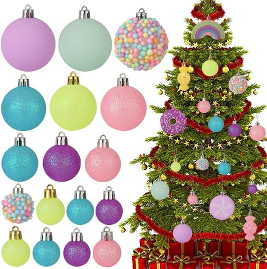 Christmas Tree Ornaments Set - 40 Pack Shatterproof Pink, Yellow, Light Green Xmas Decorations for Home, Holiday Party, Centerpiece, Garland
