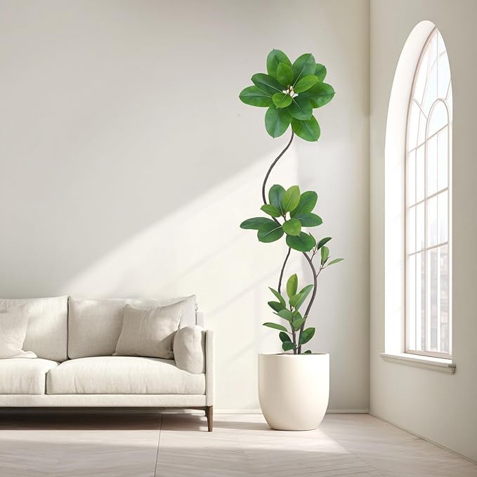 Artificial Rubber Tree Plant, 78 Inch Indoor Tree, Black with Round Planter, All Season Home Decor (Green,6.5ft)