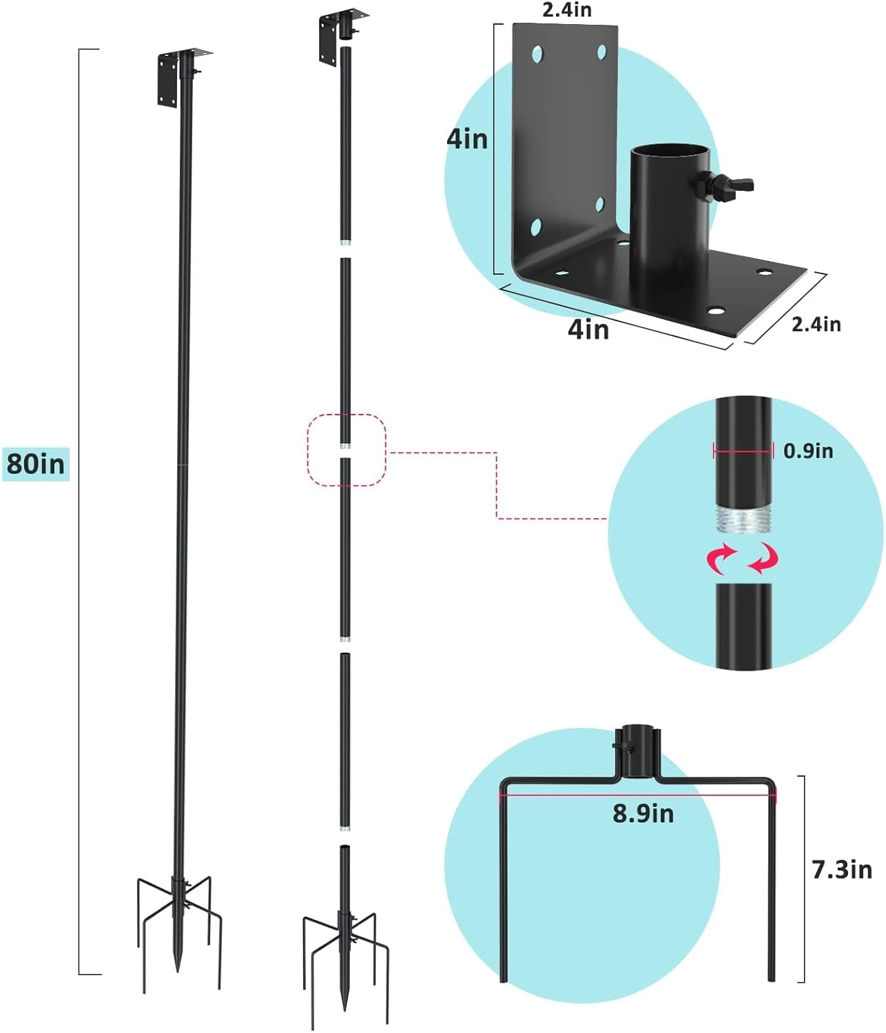 ERYTLLY Bird House Pole Mount Kit 80 Inch - Adjustable Hummingbird Bird Feeder Post Support Rod Universal Stand Set with 5 Prongs for Outdoor, Yard, Garden Decor, Black
