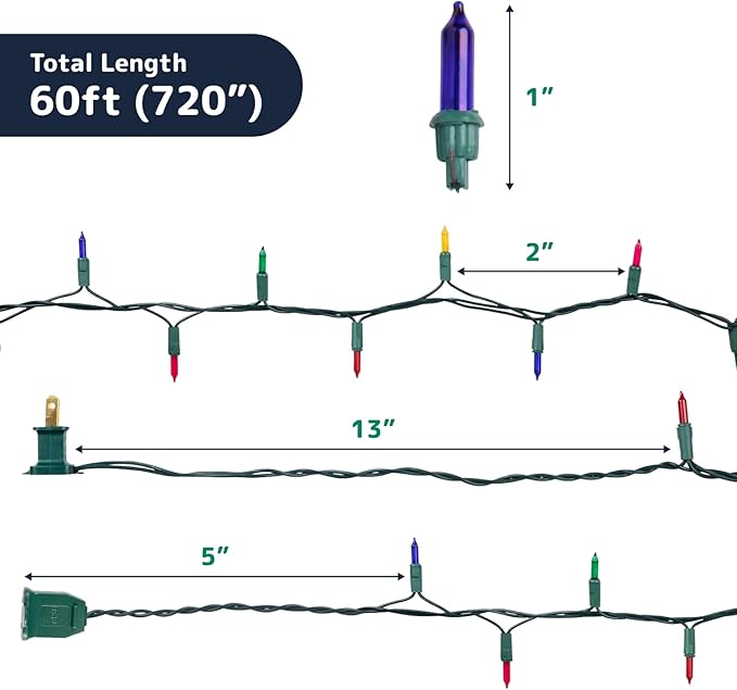 PREXTEX Multicolored Christmas Lights with Green Wire, 60 Feet, 300 Light, Twinkling Lights Indoor or Outdoor, String Twinkle Lighting for Christmas Tree Decorations