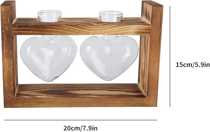 Plant Terrarium with Wooden Stand,Heart Shaped Transparent Glass Vase Flower Pot Hydroponics Plant Propagation Station for Hydroponics Plants Home Office Decor (Retro Box + 2