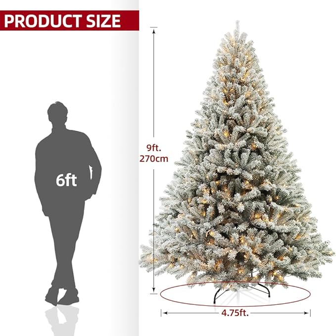 Prelit Christmas Tree with Lights 9ft,Premium Snow Flocked Artificial Xmas Tree, with 2270 Branch Tips and 900 Warm Lightsm,Support Automatique,Perfect Choice for Christmas Decorations,White
