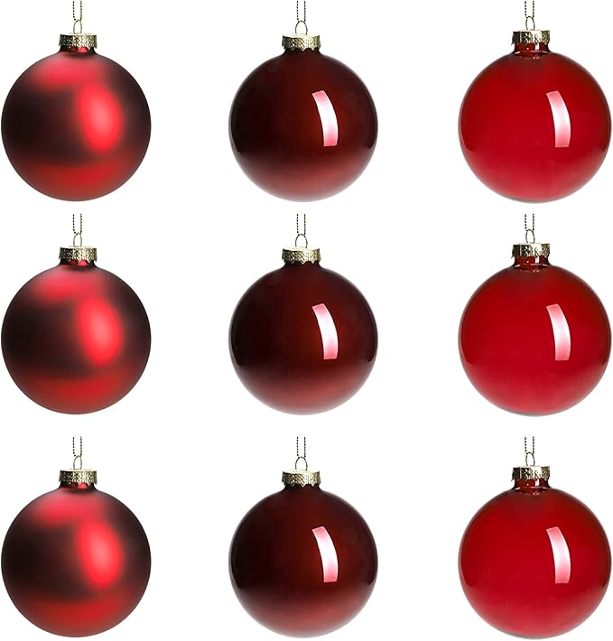 DN DECONATION Deep Red Glass Christmas Ornaments, Set of 9, 3.15' Hanging Christmas Baubles for Xmas Tree Decoration, Wedding Party Gift