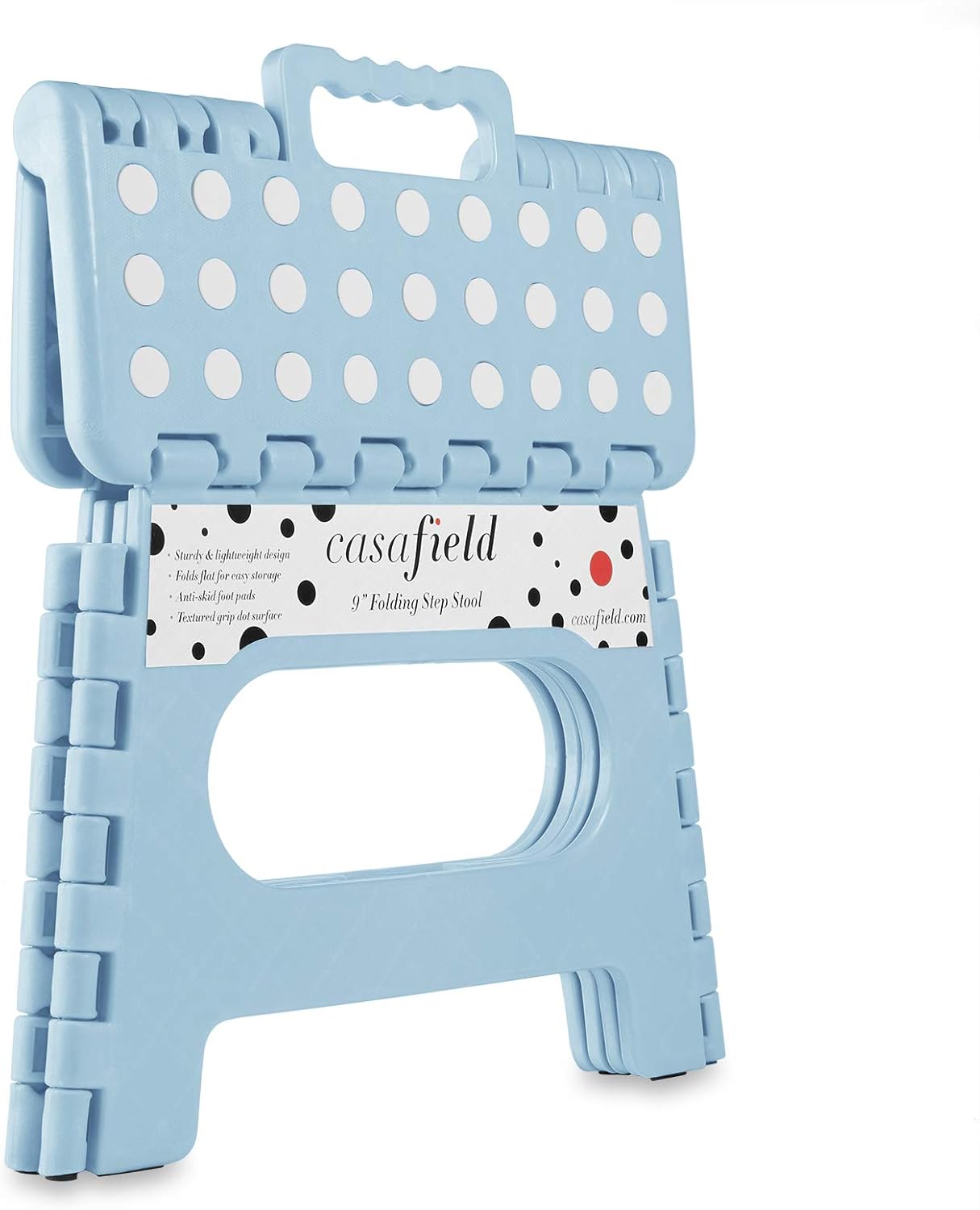 Casafield 9" Folding Step Stool with Handle, Blue - Portable Collapsible Small Plastic Foot Stool for Kids and Adults - Use in The Kitchen, Bathroom and Bedroom