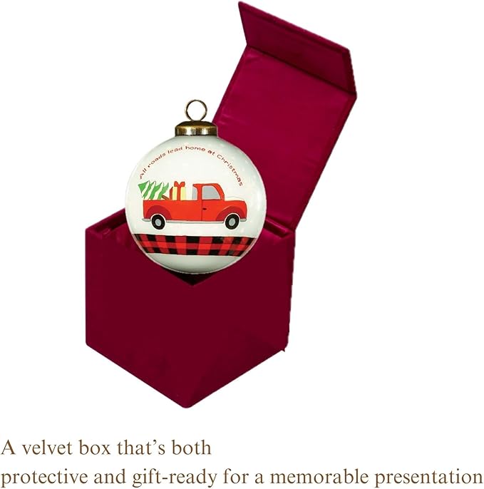 Red Truck Christmas Ornament – Hand-Painted Glass Ornament with Black Red Plaid – Vintage Red Truck Christmas Decor for Christmas Tree