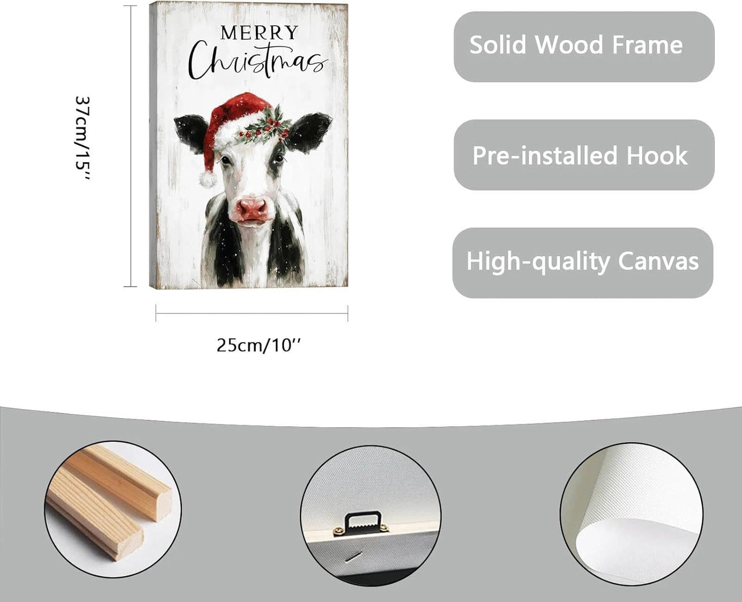 Christmas Cow Canvas Wall Art – Framed Farmhouse Decor for Xmas, Ready to Hang Print Holiday Gifts for Bedroom & Living Room Indoor 10x15 Inch