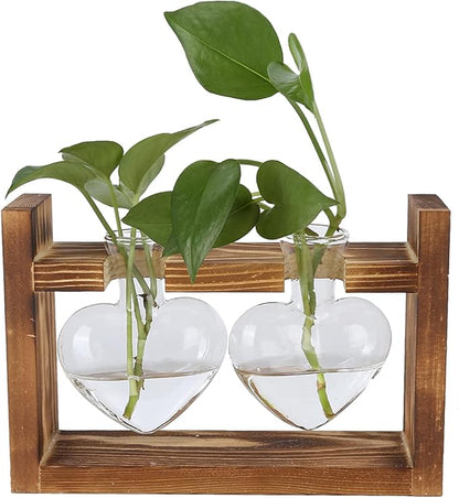 Plant Terrarium with Wooden Stand,Heart Shaped Transparent Glass Vase Flower Pot Hydroponics Plant Propagation Station for Hydroponics Plants Home Office Decor (Retro Box + 2