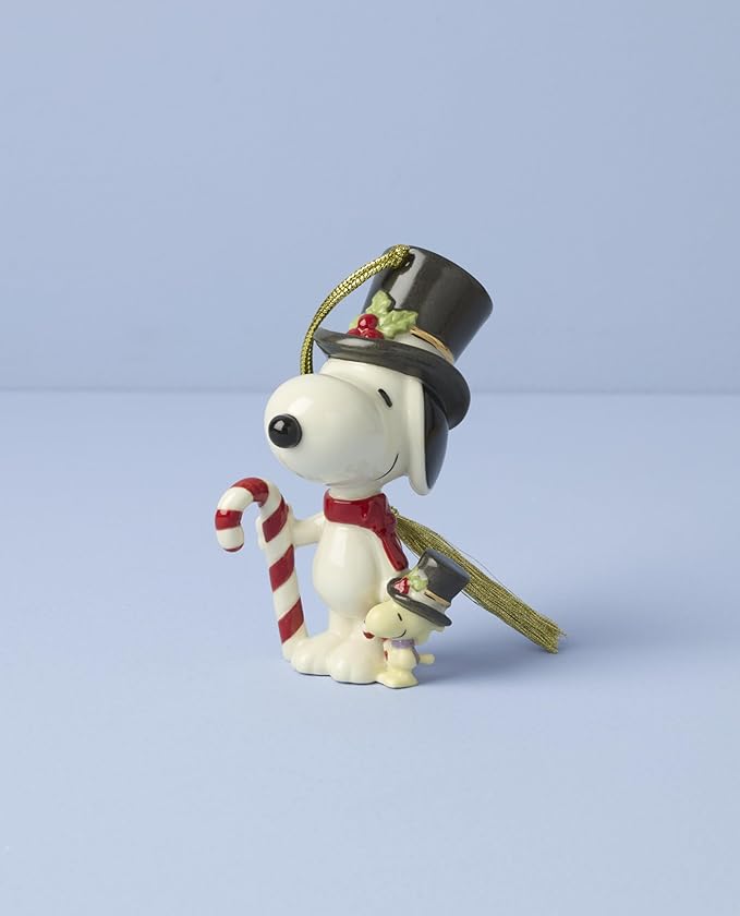 Lenox Ornaments, Snoopy & Woodstock with Candy Cane Ornament, Porcelain Material, Gold Cord for Tree Decoration, Christmas Decorations, Christmas Ornaments, Snoopy Design, Winter Decor (1 Piece)