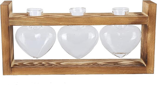 Plant Terrarium with Wooden Stand,Heart Shaped Transparent Glass Vase Flower Pot Hydroponics Plant Propagation Station for Hydroponics Plants Home Office Decor (Retro Box + 3