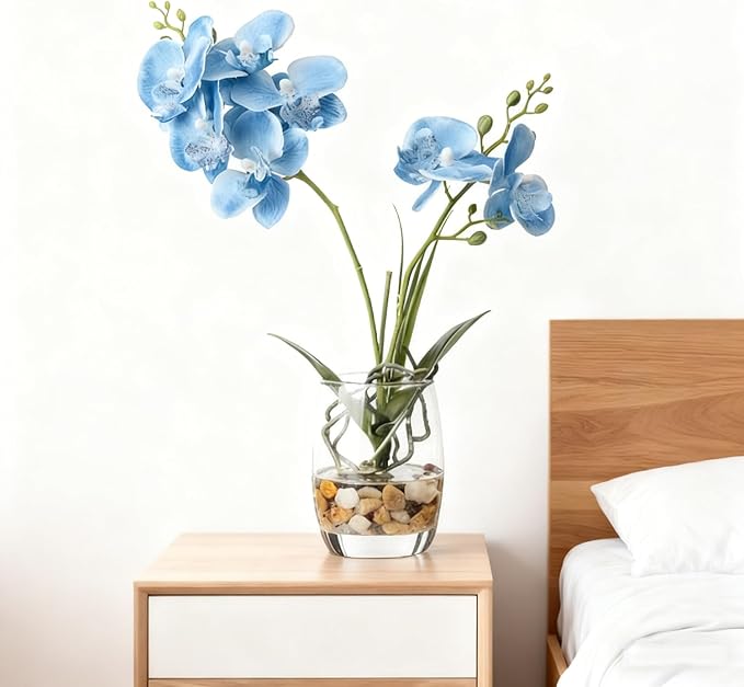 Jusdreen Artificial Blue Orchid in Glass Vase, Realistic Phalaenopsis Arrangement with Potting for Home Office Table Decor, 14.5 Inch Flower Centerpiece
