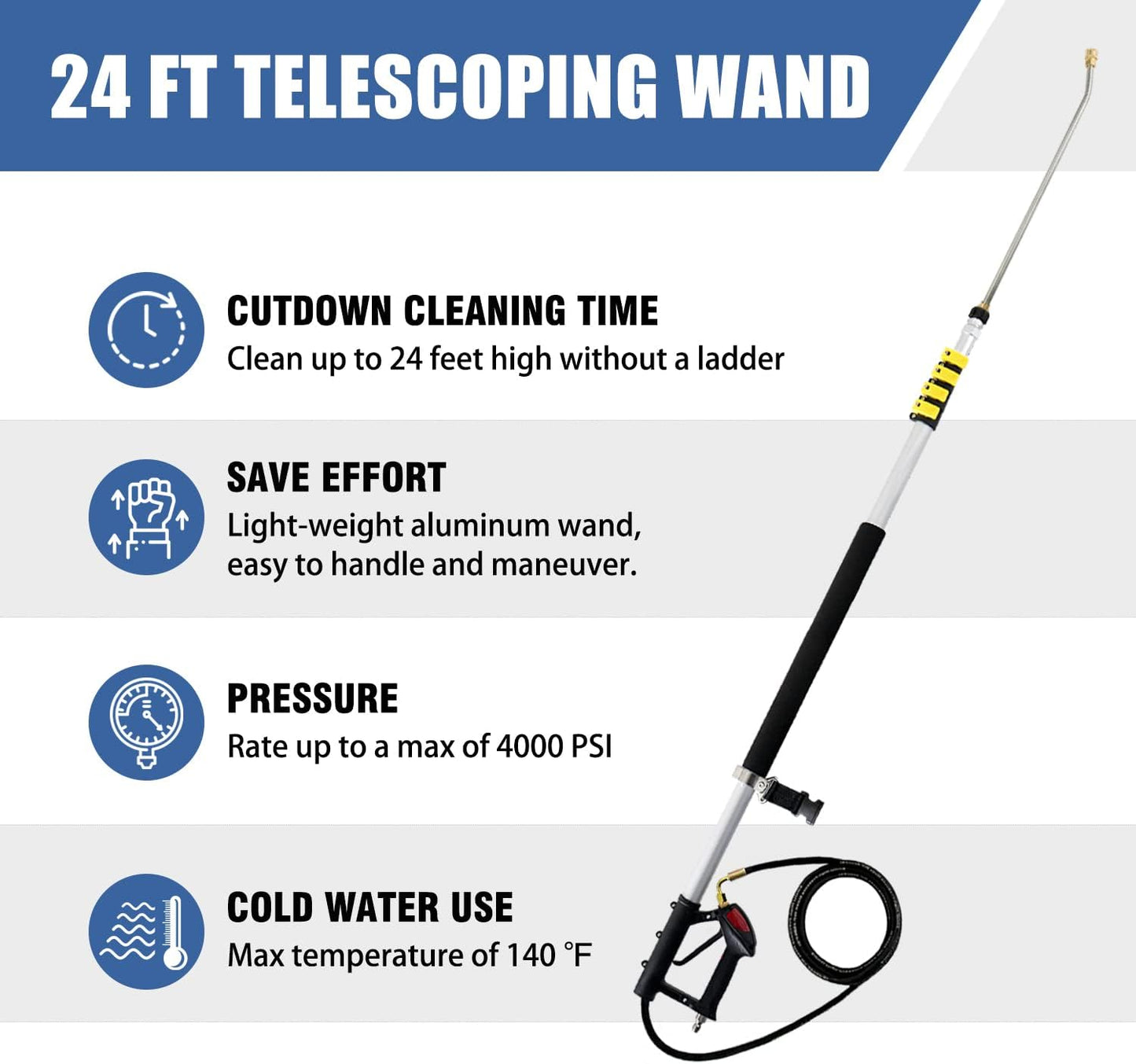 janz 24 FT, Aluminum Telescoping Pressure Washer Wand with 2 Pressure Washer Extension Wands,Gutter Cleaner Attachment, 7 Spray Nozzle Tips, 2 Hose Inlet Adapters, Pivoting Coupler and Support Harness