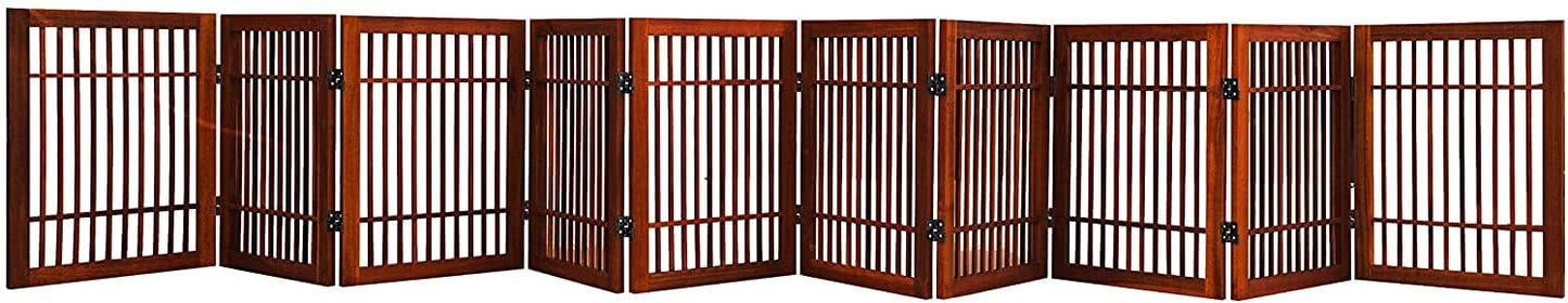 Urnporium Pet Dog Gate Strong and Durable Freestanding Folding Acacia Hardwood Portable Wooden Fence Indoors or Outdoors Foldable pet Barrier for The House (Brown Pet Gate, 10 Panel 24" Tall)