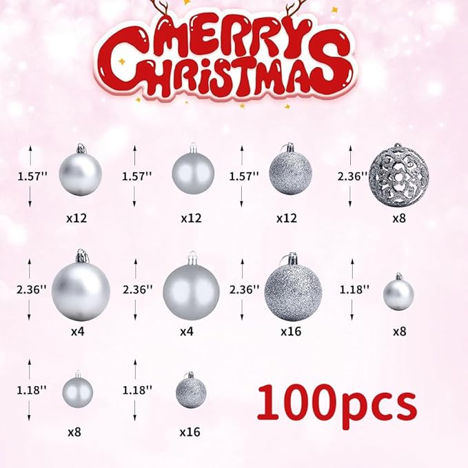100-Pack Christmas Ball Ornaments for Tree,Shatterproof Plastic Holiday Baubles Set in Assorted Sizes and Finishes, Christmas Tree Decorations for Home, Office, Party, Indoor Outdoor Use