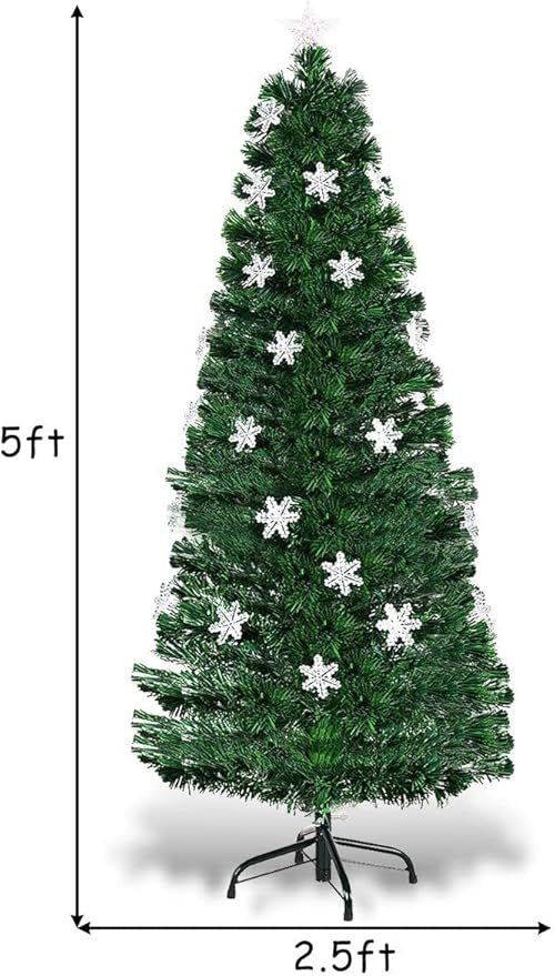 Happygrill 5FT Pre-lit Christmas Tree Fiber Optic Christmas Tree Artificial Spruce Tree Green Xmas Tree with Star Lights, Metal Stand, Full Xmas Tree for Holiday Decoration