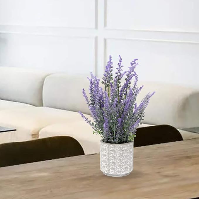 DILATATA Lavender Flowers Artificial Decor in Cement Pot - Faux Plants for Rustic Home, Bathroom, Table Centerpieces, Wedding Decor - Purple Potted Lavender Flower