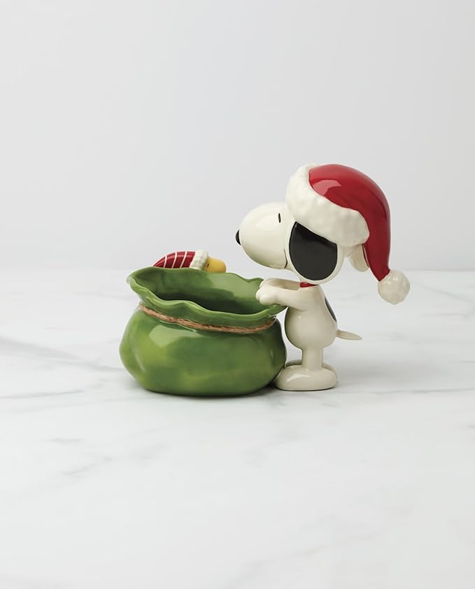 Lenox 897751 Snoopy Christmas Santa Sack Candy Bowl, Christmas Dishes, Festive Holiday Serveware