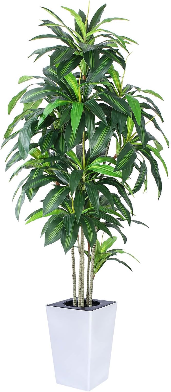 Artificial Dracaena Tree with White Tall Planter, 7ft Tall Potted Artificial Dracaena Silk Plant, Fake Yucca Tree Plant, Home Office Floor Room Decor Plants Indoor Outdoor, Housewarming Gift