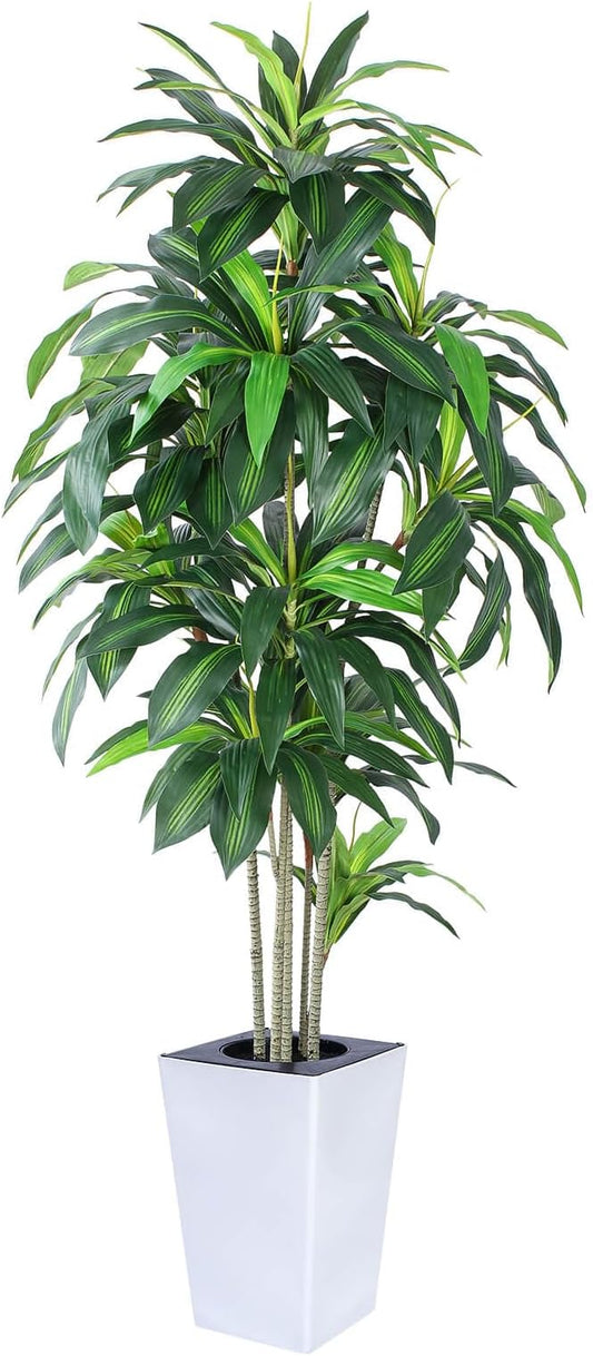 Artificial Dracaena Tree with White Tall Planter, 7ft Tall Potted Artificial Dracaena Silk Plant, Fake Yucca Tree Plant, Home Office Floor Room Decor Plants Indoor Outdoor, Housewarming Gift