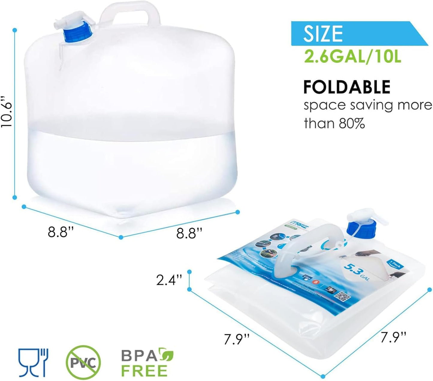 Collapsible Water Container Jug, 4×2.6 Gallon No BPA Water Storage Carrier with Spigot, for Camping Hiking Backpack RV Outdoors and Emergency, Foldable Portable Survival Kits for Hurricanes