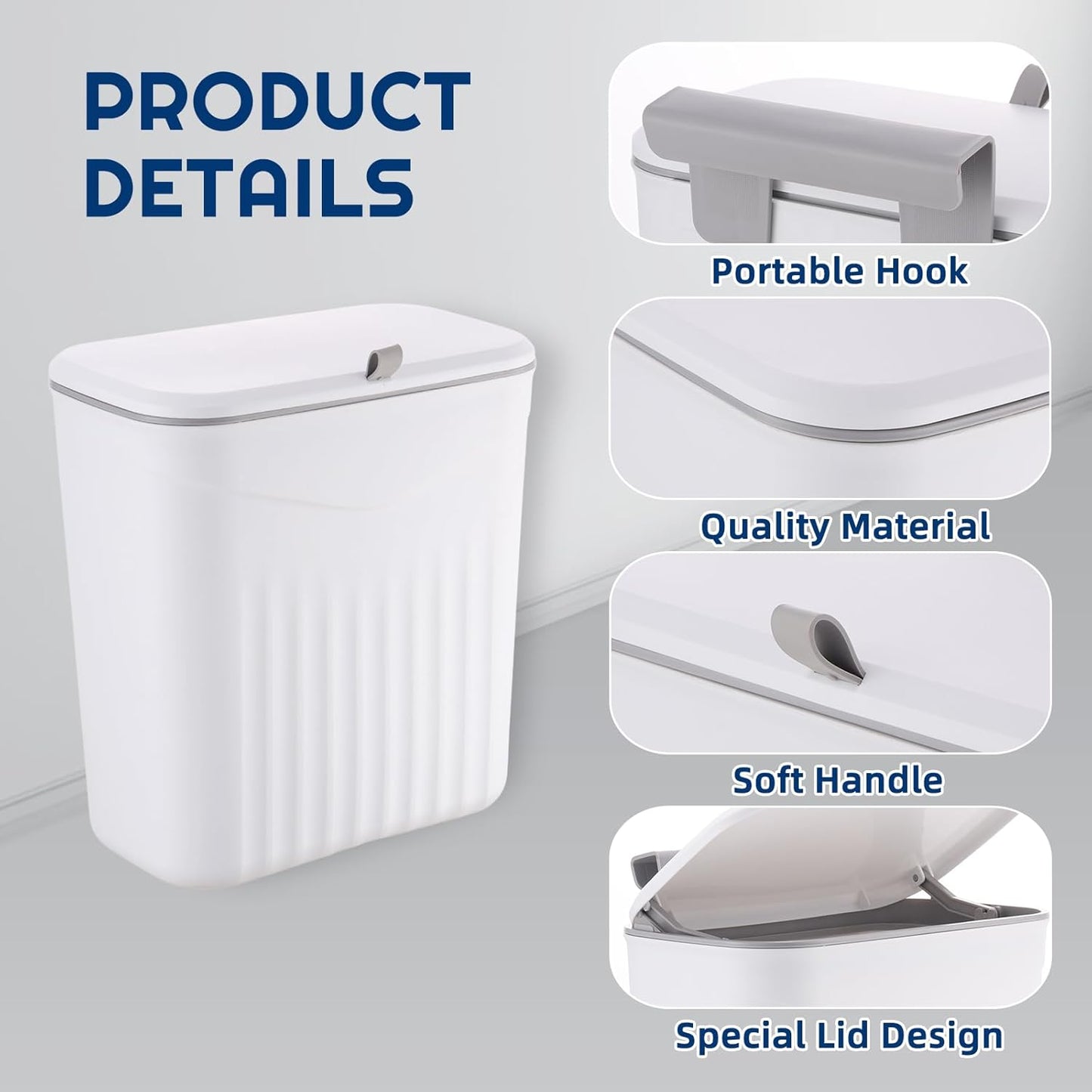 3 Pack Hanging Trash Can with Lid, Kitchen Compost Bin for Counter Top or Under Sink, Waste Basket Wall Mounted Garbage Can for Cupboard/Bathroom/Bedroom/Office/Camping (White)