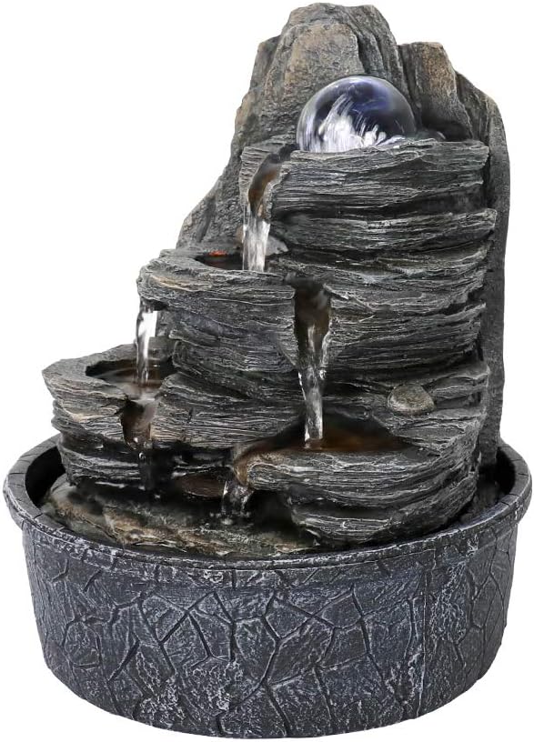 Rockery Indoor Water Fountain, Zen Meditation Tabletop Fountain with LED Lights & Crystal Ball for Home Office Bedroom 9 4/5"