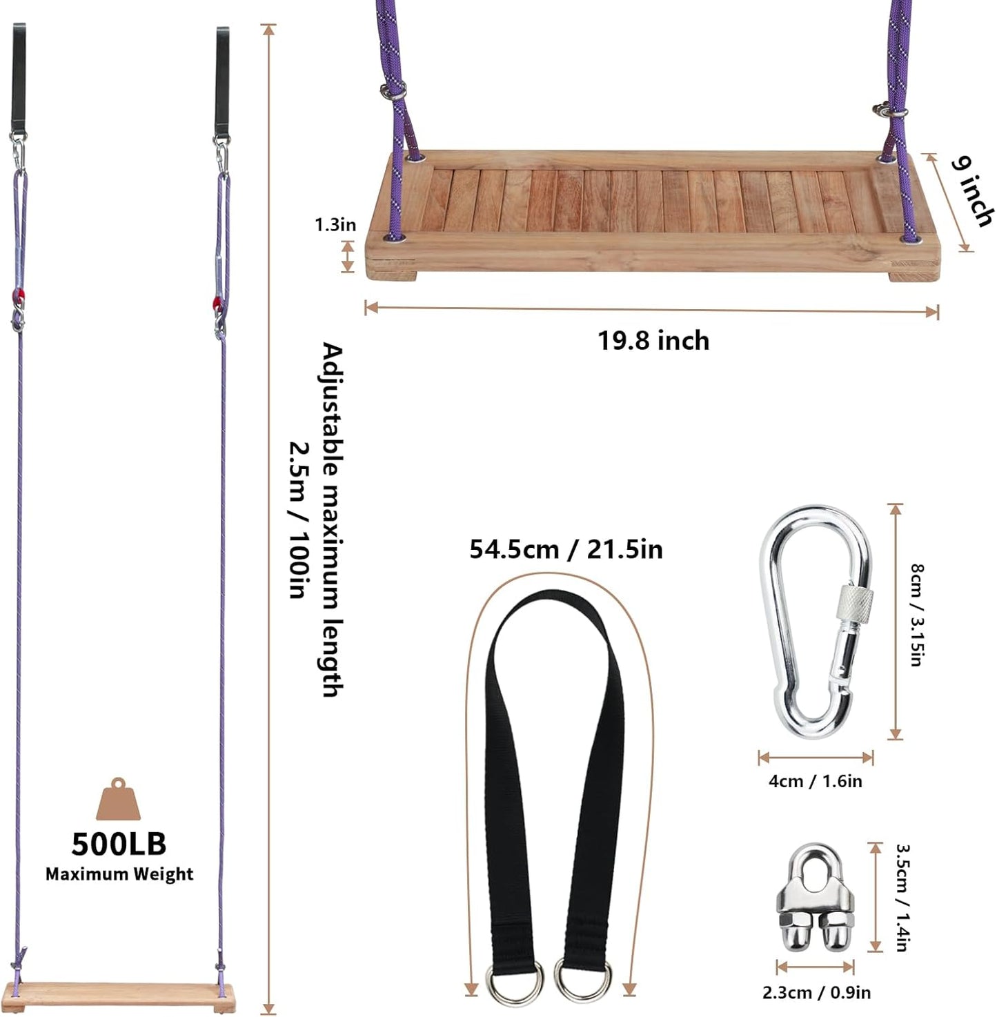 Teak Wooden Swing, Outdoor Wood Tree Swing Seat for Kids or Adults for Backyard Columpio, Height Adjustable (19.8x9inch)