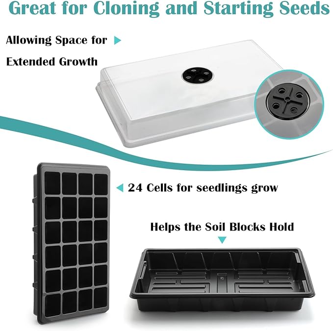 10-Pack XL Seed Starter Tray with Dome – 24 Large 2" Cells per Seedling Starter Trays (Total 240 Cells), Seed Growing Tray with Humidity Lids for Greenhouse Home Plant Propagation