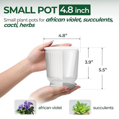 T4U 4.8 Inch Self Watering Plant Pot, 4 Pack Self Watering Pots, Self Watering Planter with Reservoir, Small Self Watering Pots for Indoor Plants, African Violets (4 Pack, 4.8", Clear)