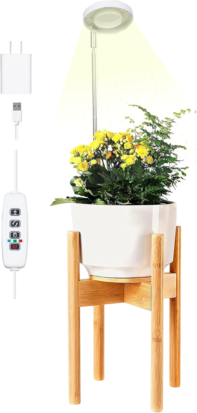 ZPirates Wood Plant Stand with Built-in Grow Lights - Extendable to Fit Small-Large Single Planter Pot - Auto Timer, Dimmable - (Pot and Plant Not Included)