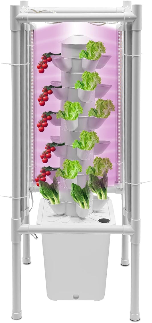 Hydroponics Tower Garden Vertical Growing System Kit, 30-Plant Indoor Gardening Planter Germination Kit with LED Grow Light & Water Pump for Herbs & Vegetables, 2.64Gal White Water Tank