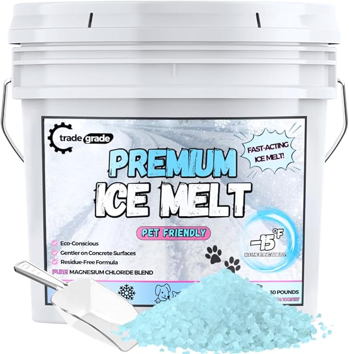 Pet-Friendly Ice Melt - Fast-Acting Magnesium Chloride Formula, Safer for Pets & Surfaces, 30lb Bucket with Scoop
