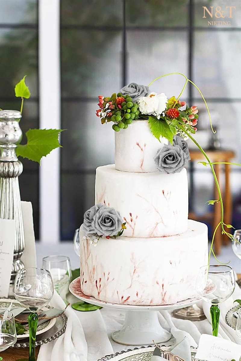 N&T NIETING Artificial Flowers Glowing Silver Flowers Foam 50pcs Glitter Roses Real Looking Fake Roses with Stem for DIY Wedding Bouquets Centerpieces Bridal Shower Party Home Decorations