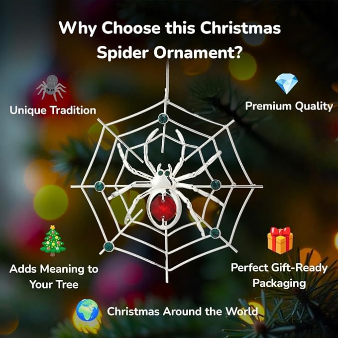 Matashi Silver Plated Christmas Tree Spider Ornament w Red, Green Crystals Lucky Hanging Decoration, Holiday Ornament Gift, Unique Spider Decor for Christmas & Halloween Party w Tinsel Legend Story