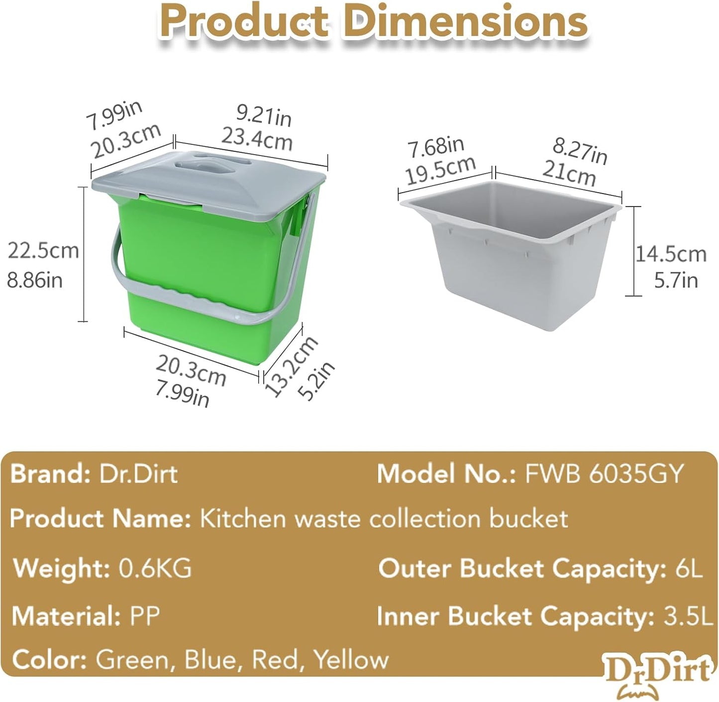 DrDirt Kitchen Compost Bin, 6L / 1.58 Gal Kitchen Compost Bin Countertop with Inner Sieve for Liquid Separation, Odor-Control, Easy to Clean, for Cooking Family and Home Party, Blue