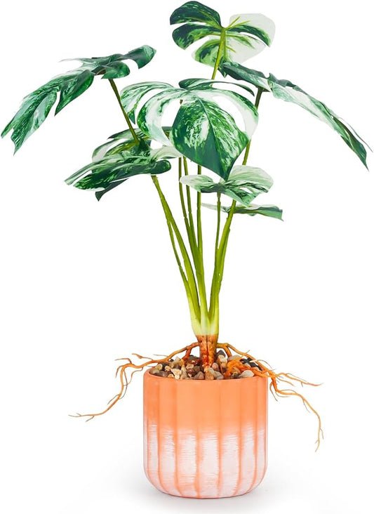 Tall Fake Monstera Plant, 8 Leaves Faux Tree in Red & White Ceramic Pot, Artificial Plants Indoor & Outdoor, Decorative Floor Plant for Living Room, House Decor
