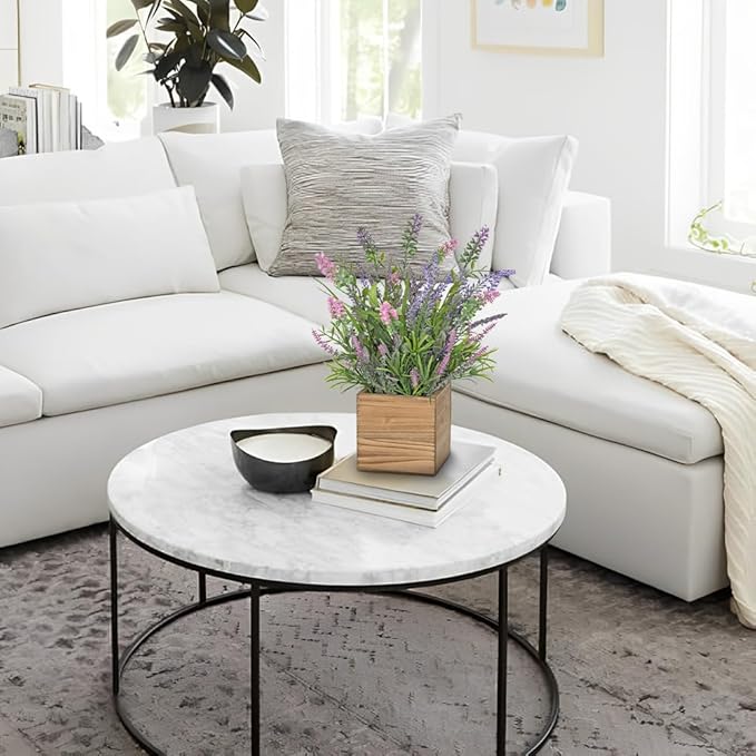 DILATATA Rustic Lavender Flowers Artificial Lavender Decor Fake Lavender Plant in Wooden Pot Faux Plants for Home Bathroom Table Centerpieces Wedding Decor Potted Lavender Flower Purple Decor