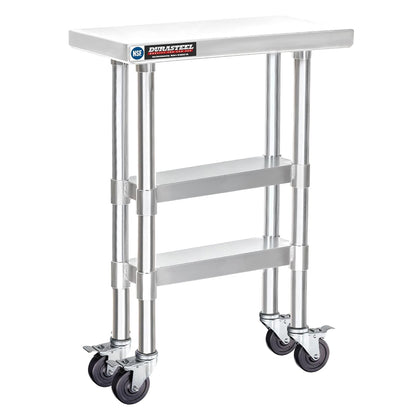 DuraSteel Stainless Steel Work Table 24" x 12" x 34" Height w/ 4 Caster Wheels - Food Prep Commercial Grade Worktable - NSF Certified - Good for Restaurant, Business, Warehouse, Home, Kitchen, Garage