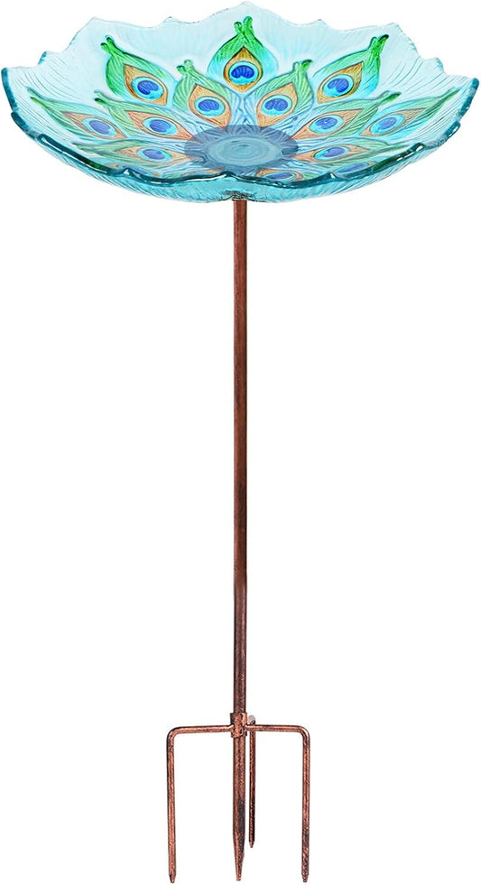 MUMTOP Glass Bird Bath, Garden Outdoor Birdbaths Birdfeeder with Metal Stake Peacock