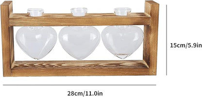 Plant Terrarium with Wooden Stand,Heart Shaped Transparent Glass Vase Flower Pot Hydroponics Plant Propagation Station for Hydroponics Plants Home Office Decor (Retro Box + 3