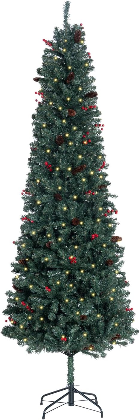 Naomi Home 7.5ft Pencil Christmas Tree with Lights, Realistic Pre-Decorated Slim Christmas Tree Prelit with 1099 Branch Tips, 350 Warm Lights and Metal Stand, Aritificial Xmas Tree