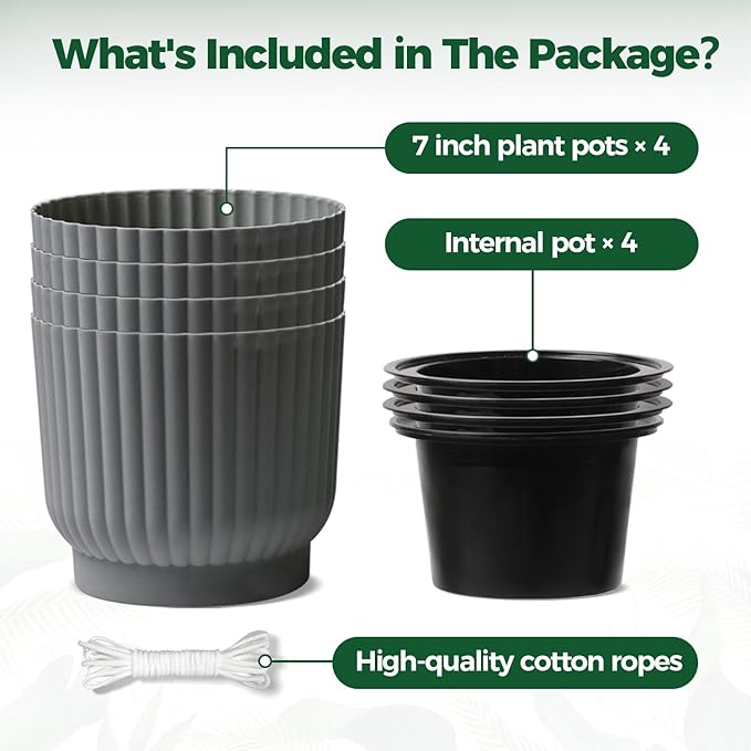 T4U 7 Inch Self Watering Pots for Indoor Plants, 4 Pack Plant Pots, Self Watering Planter for Indoor Plants, Durable Plastic Pots (4 Pack, 7", Gray)