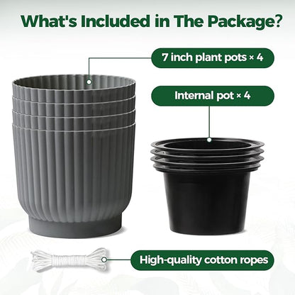 T4U 7 Inch Self Watering Pots for Indoor Plants, 4 Pack Plant Pots, Self Watering Planter for Indoor Plants, Durable Plastic Pots (4 Pack, 7", Gray)