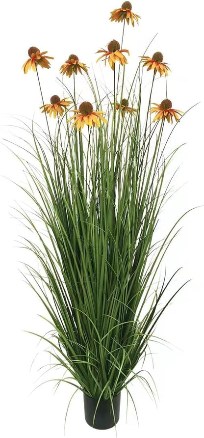 46-Inch Artificial Grass Plant with 9 Lifelike Echinacea Flower - Ideal for Indoor or Outdoor Decoration, Housewarming Gifts, and New Home Décor (1 Pack-Yellow)