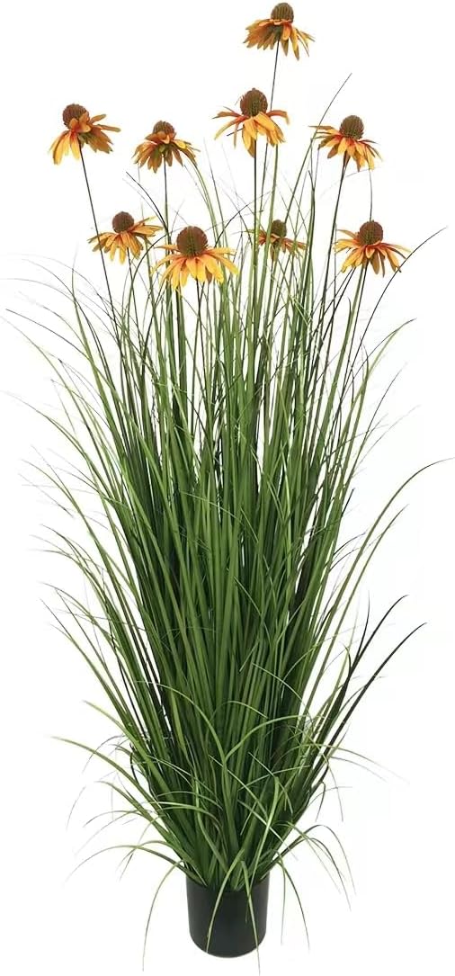 46-Inch Artificial Grass Plant with 9 Lifelike Echinacea Flower - Ideal for Indoor or Outdoor Decoration, Housewarming Gifts, and New Home Décor (1 Pack-Yellow)
