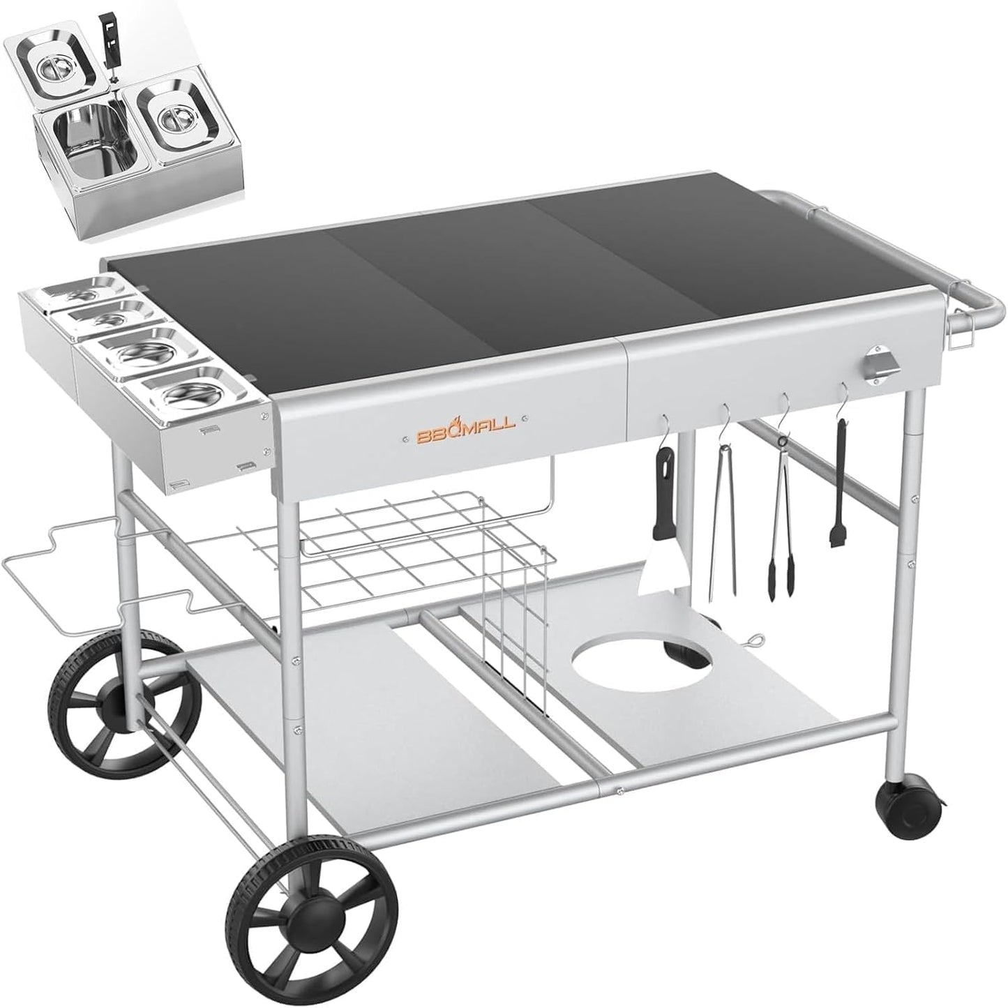 Pizza Oven Cart Table and Topping Station for Ooni Koda/Karu/Fyra 16 & 12, Movable Thicken & Widen Rolling Kitchen Cart, Outdoor Grill Stand for Ninja Woodfire,Blackstone Griddle