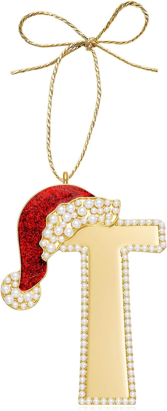 2025 Christmas Ornaments, Letter T Ornaments for Christmas Tree, Hanging Xmas Red Hat Ornament for Mother Best Friends Sister Wife|T-Letter Ornament