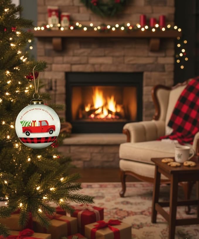 Red Truck Christmas Ornament – Hand-Painted Glass Ornament with Black Red Plaid – Vintage Red Truck Christmas Decor for Christmas Tree