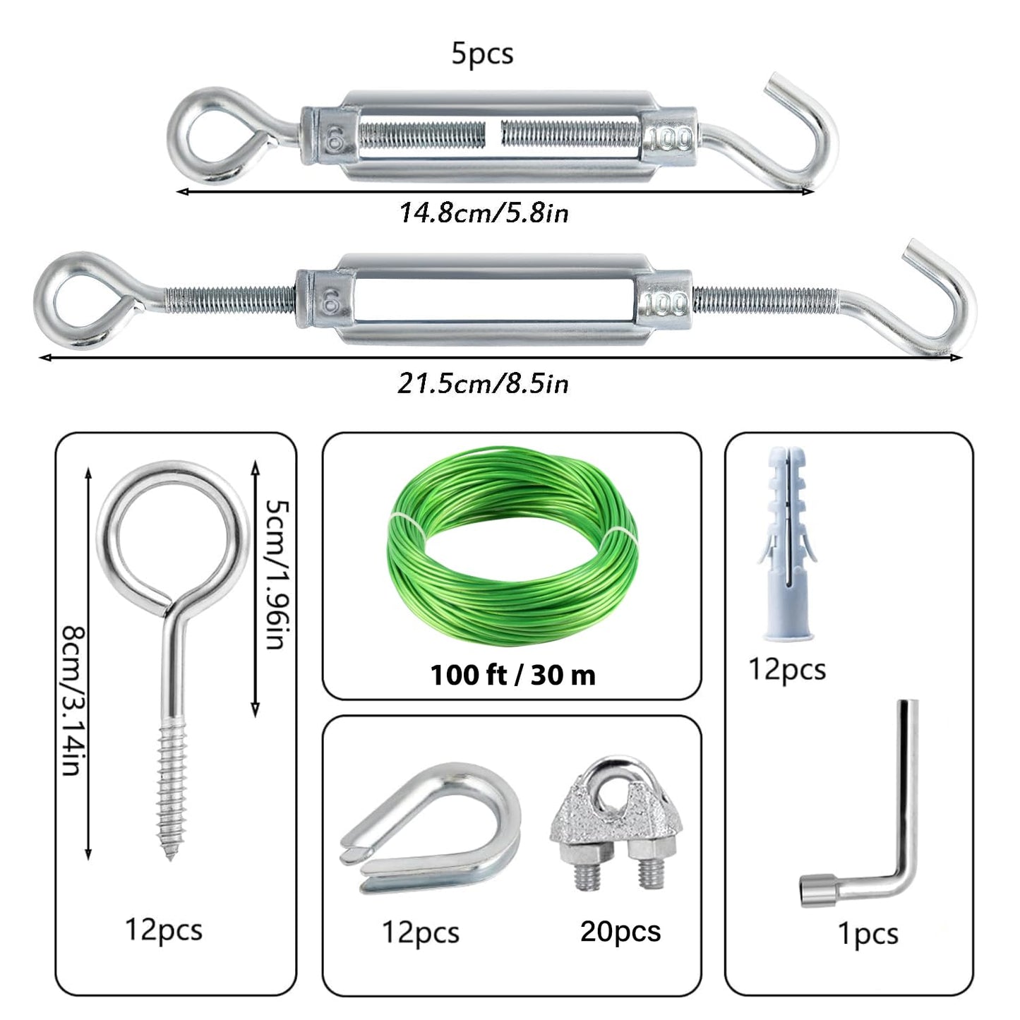 100 Ft Turnbuckles for Cables Wire, 3/16" Green PVC Coated Wire Rope Kit, Multi-use Steel Cable for Grape Vines/Clothes Line Outdoors for T Post/String Light Hanging/Garden Wire