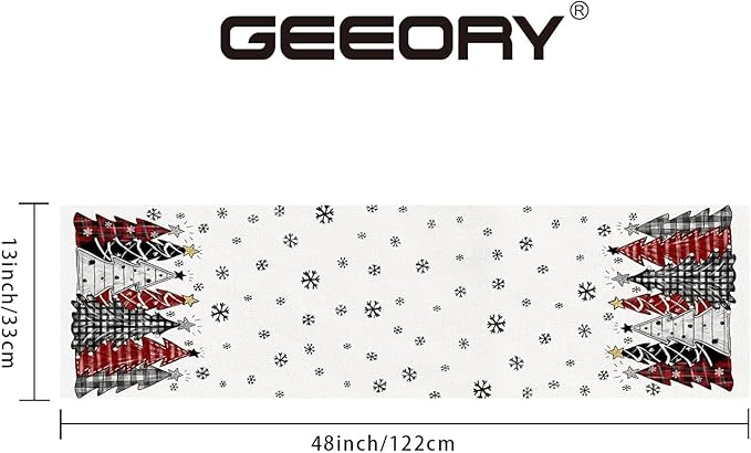 GEEORY Christmas Table Runner 13x48 Inch, Xmas Tees Snowflakes Holiday Decorative Farmhouse Table Decoration for Kitchen Dinning, Indoor Outdoor Dinner Party Decor ((Red & Black) GT165-48
